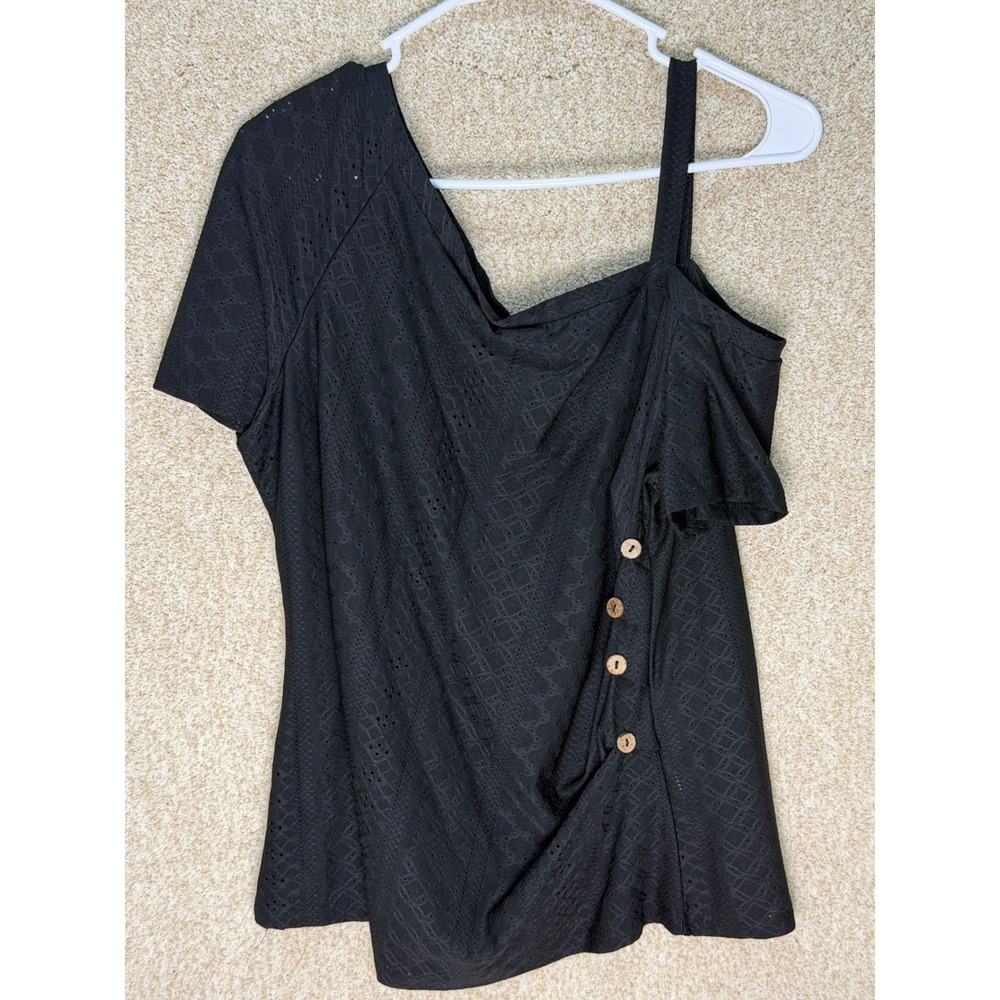 SHEIN Womens Black Asymmetrical One Shoulder Pointelle Knit Button Top Large‎